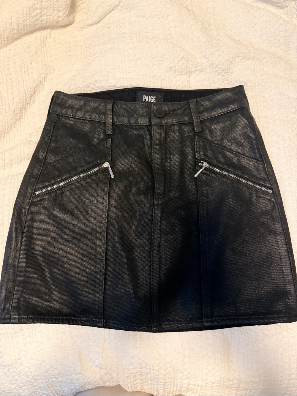 PAIGE Black Faux Leather Mini Skirt with Silver Zipper Details